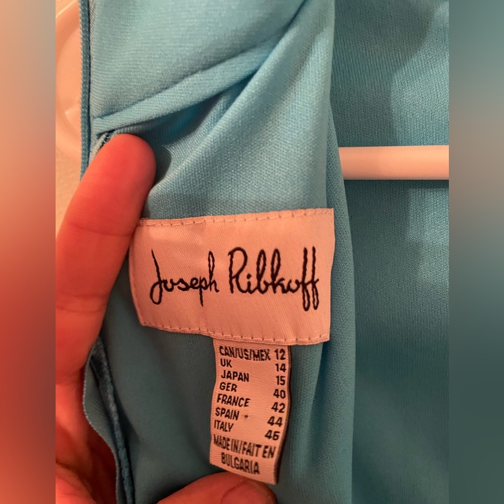 Joseph Ribkoff Dress Blue Geometric Sleeveless Size 12 Tie Collar - Picture 9 of 10